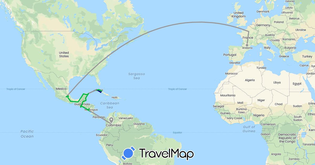 TravelMap itinerary: driving, bus, plane, boat in Belize, Colombia, Cuba, France, Guatemala, Mexico, Nicaragua (Europe, North America, South America)